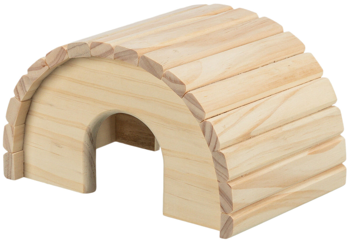Kleine hölzerne, gewölbte Struktur mit einem Eingang, bestehend aus abgerundeten Holzlatten in hellem Naturton.