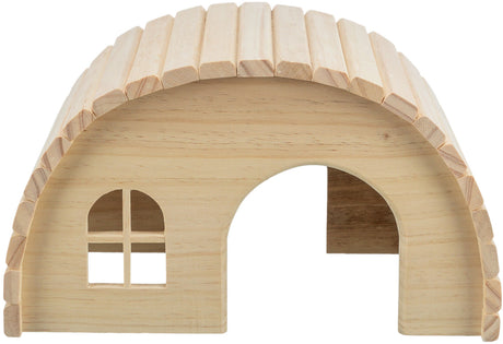 Holzhöhle mit gewölbtem Dach und kleinem Fenster, natürlicher Holzfarbton, geeignet für Kleintiere.