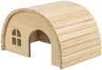 Kleine hölzerne Höhle mit abgerundetem Dach und rechteckigem Fenster, aus naturbelassenem Holz.