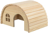Kleine hölzerne Höhle mit abgerundetem Dach und rechteckigem Fenster, aus naturbelassenem Holz.