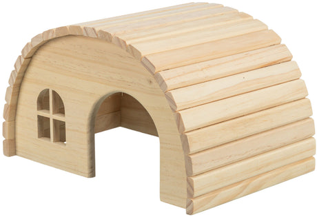 Kleine hölzerne Höhle mit abgerundetem Dach und rechteckigem Fenster, aus naturbelassenem Holz.