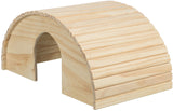 Gebogene, naturbelassene Holzstruktur mit parallelen Streifen, die eine einfache Höhlenform bildet.