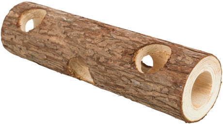 Ein länglicher, hohler Holzstamm mit mehreren runden Öffnungen und natürlicher Rindenstruktur.
