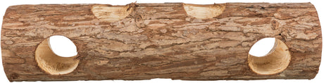 Ein hohler Baumstamm aus brauner Rinde mit mehreren eingearbeiteten Öffnungen.