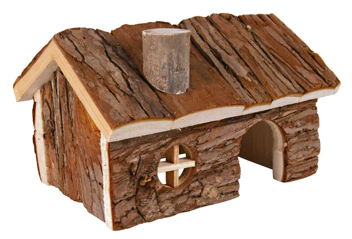 Kleines, braunes Holzhaus aus Baumrinde mit rundem Fenster, gewölbtem Dach und Eingang an der Seite.