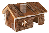 Kleines, braunes Holzhaus aus Baumrinde mit rundem Fenster, gewölbtem Dach und Eingang an der Seite.