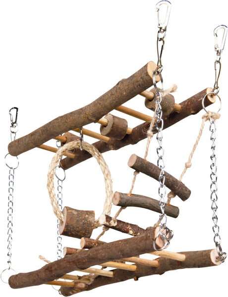 Hängende Holzleiter aus Naturästen mit Ketten und Haken zur Befestigung, geeignet für Vogelkäfige.