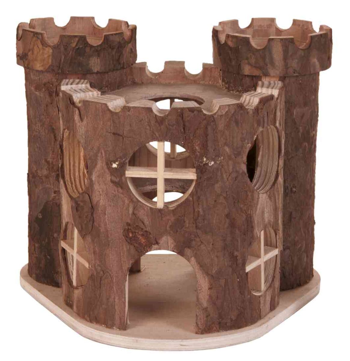 Holzspielzeug in Form einer mittelalterlichen Burg mit runden Öffnungen und Türmen auf einer Holzplatte.