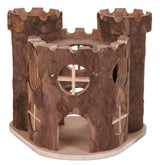 Holzspielzeug in Form einer mittelalterlichen Burg mit runden Öffnungen und Türmen auf einer Holzplatte.