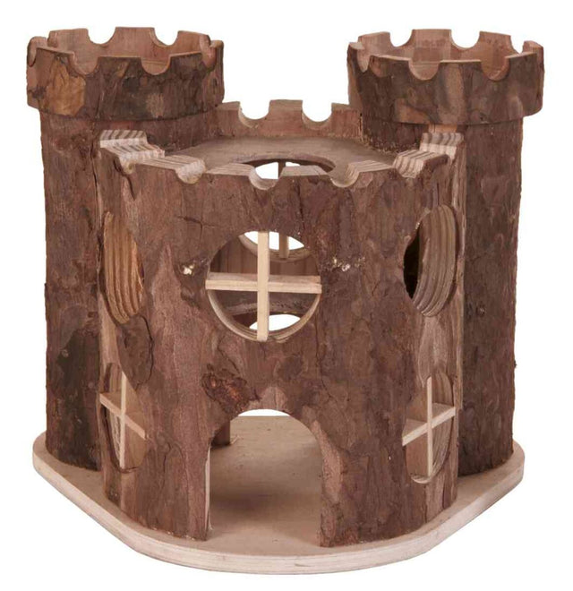 Holzspielzeug in Form einer mittelalterlichen Burg mit runden Öffnungen und Türmen auf einer Holzplatte.
