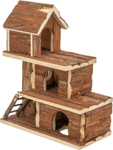 Holzspielzeug-Haus mit drei Etagen und einer kleinen Leiter, aus naturbelassenem Holz gefertigt.