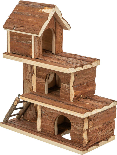 Holzspielzeug-Haus mit drei Etagen und einer kleinen Leiter, aus naturbelassenem Holz gefertigt.
