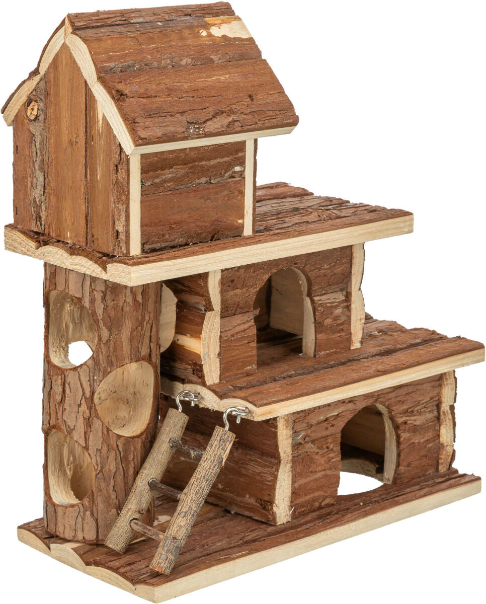 Holzspielzeughaus aus Naturmaterialien mit zwei Etagen, einer kleinen Leiter und mehreren Torbögen.