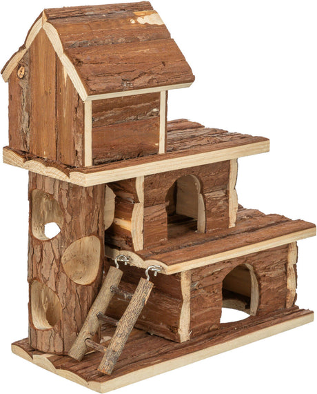 Holzspielzeughaus aus Naturmaterialien mit zwei Etagen, einer kleinen Leiter und mehreren Torbögen.
