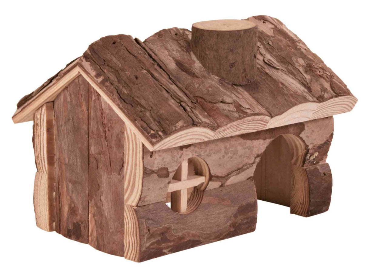 Kleines Hausmodell aus naturbelassenem Holz mit Rinde, rundem Fenster und halbkreisförmigem Eingang.