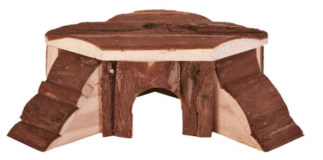 Kleine hölzerne Struktur in natürlicher Holzfarbe mit einer zentralen Öffnung und zwei seitlichen Rampen.