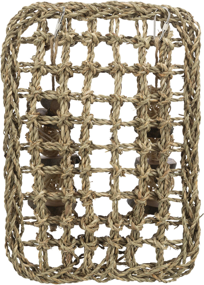 Geflochtenes, rechteckiges Netz aus naturfarbenem Material mit Metallhaken, Holz- und Seil-Details sichtbar.