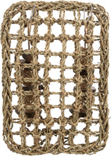 Geflochtenes, rechteckiges Netz aus naturfarbenem Material mit Metallhaken, Holz- und Seil-Details sichtbar.