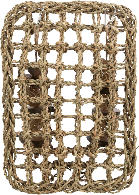 Geflochtenes, rechteckiges Netz aus naturfarbenem Material mit Metallhaken, Holz- und Seil-Details sichtbar.
