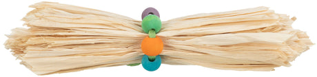 Bündel hellbraune Papierschichten, umgeben von bunten Kugeln in grün, orange, lila und blau.