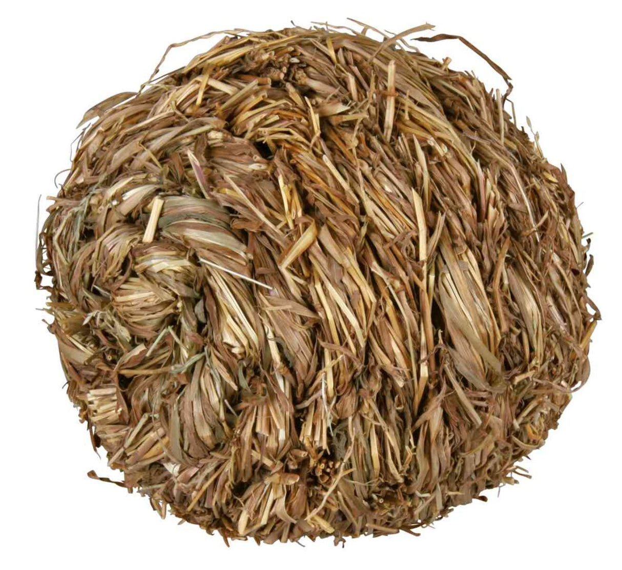 Runde Kugel aus verwobenem, trockenem, braunem Stroh mit unregelmäßiger Oberfläche.