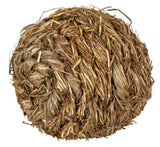 Runde Kugel aus verwobenem, trockenem, braunem Stroh mit unregelmäßiger Oberfläche.