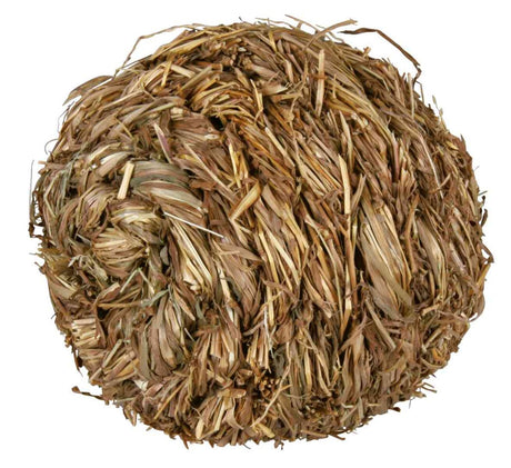 Runde Kugel aus verwobenem, trockenem, braunem Stroh mit unregelmäßiger Oberfläche.