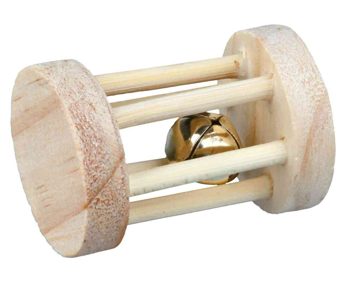 Holzspielzeug mit Stäben und Glocke, bestehend aus zwei runden Enden und vier Verbindungsstäben aus hellem Holz.