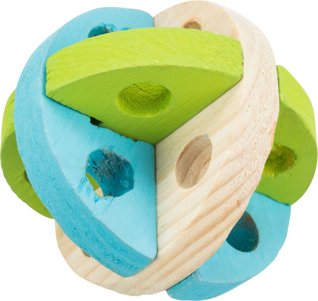Holzspielzeug mit ineinander verschlungenen, geometrischen Formen in Blau, Grün und Natur.