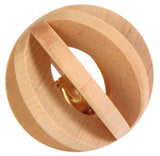 Holzspielzeugball mit integrierter Glocke in Naturholzfarbe, bestehend aus spiralförmig angeordneten Streifen.