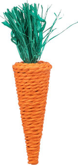 Orange geflochtene Karotte aus Sisal mit grünem Blattwerk an der Spitze.