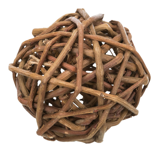 Geflochtener Ball aus naturbelassenen, braunen Zweigen, unregelmäßige Struktur, runde Form, sichtbar offen.