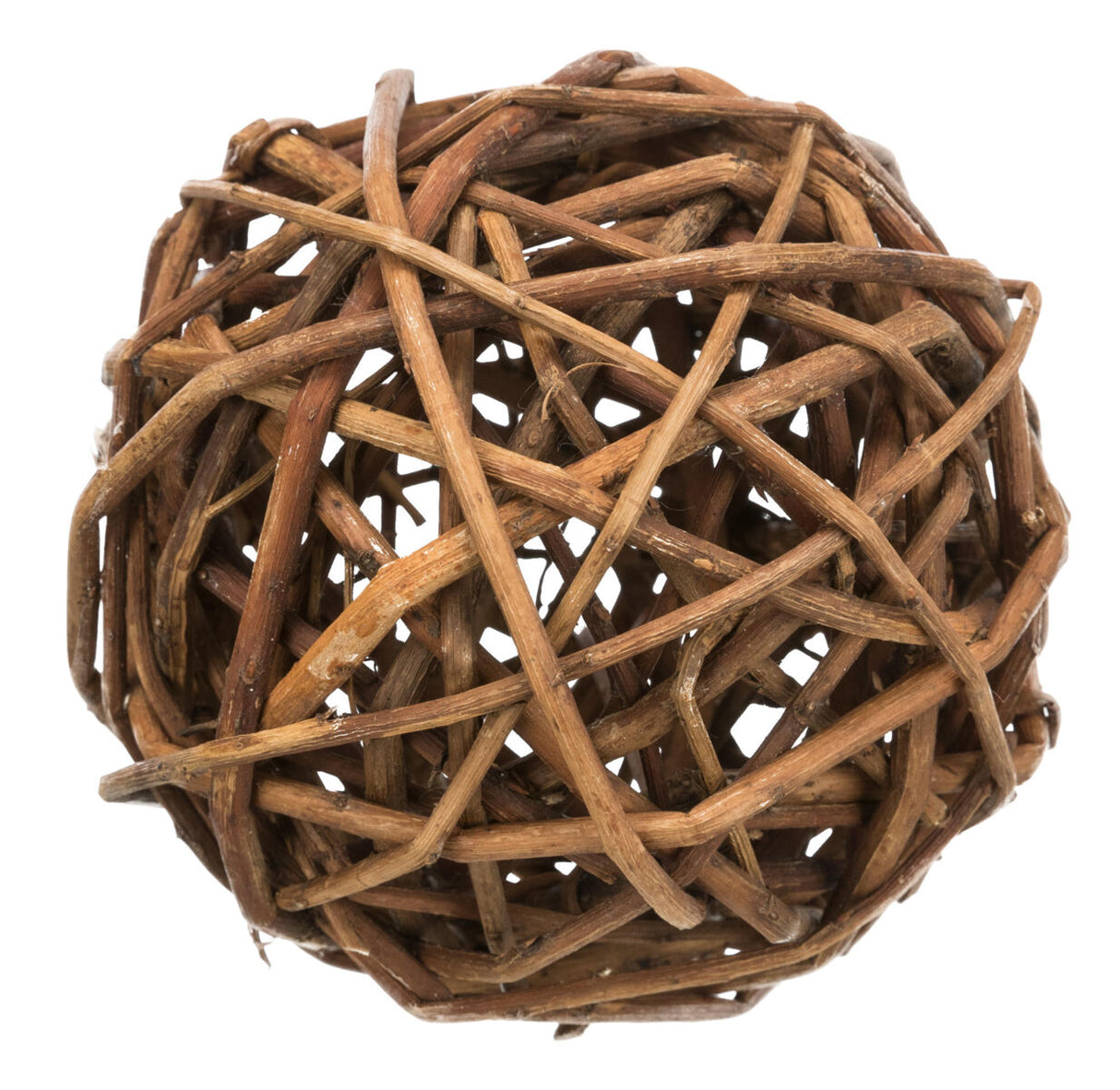 Geflochtener Ball aus braunen, ineinander verwobenen Zweigen, der eine natürliche und rustikale Optik zeigt.