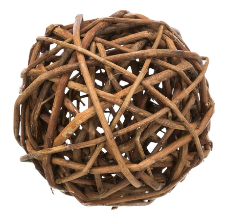Geflochtener Ball aus braunen, ineinander verwobenen Zweigen, der eine natürliche und rustikale Optik zeigt.