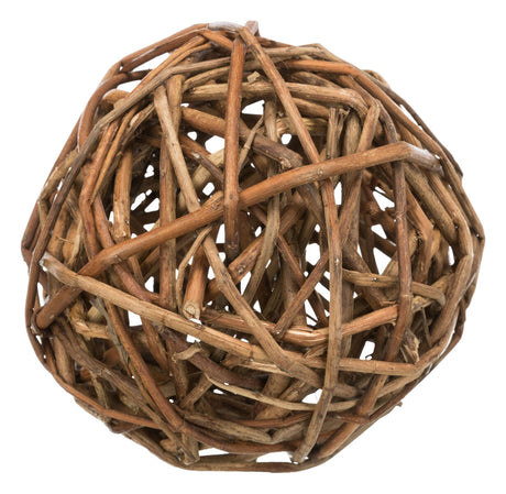 Eine Kugel aus ineinander verflochtenen braunen Ästen mit naturalistischer Struktur.