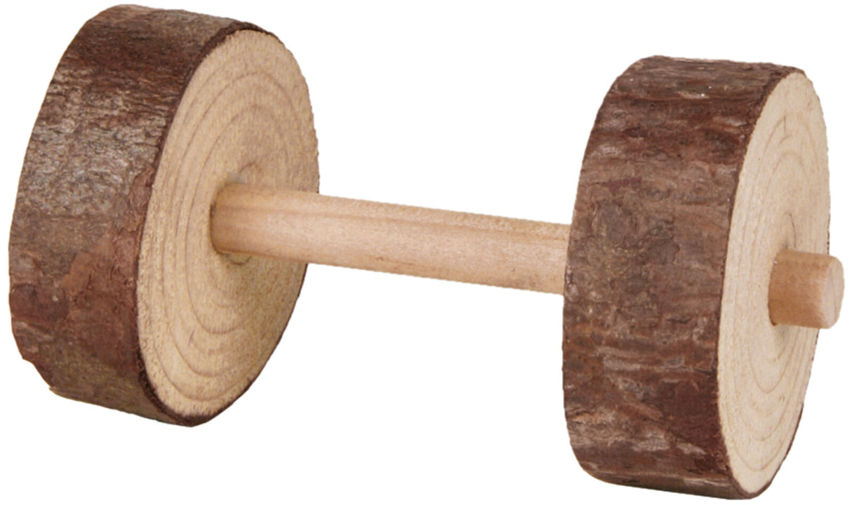 Zwei runde Holzscheiben aus hellem Holz mit Rinde verbunden durch einen zylindrischen Holzstab.