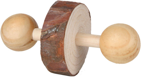 Holzspielzeug mit zwei runden Enden und einer zentralen Scheibe aus Naturholz mit sichtbarer Rinde.