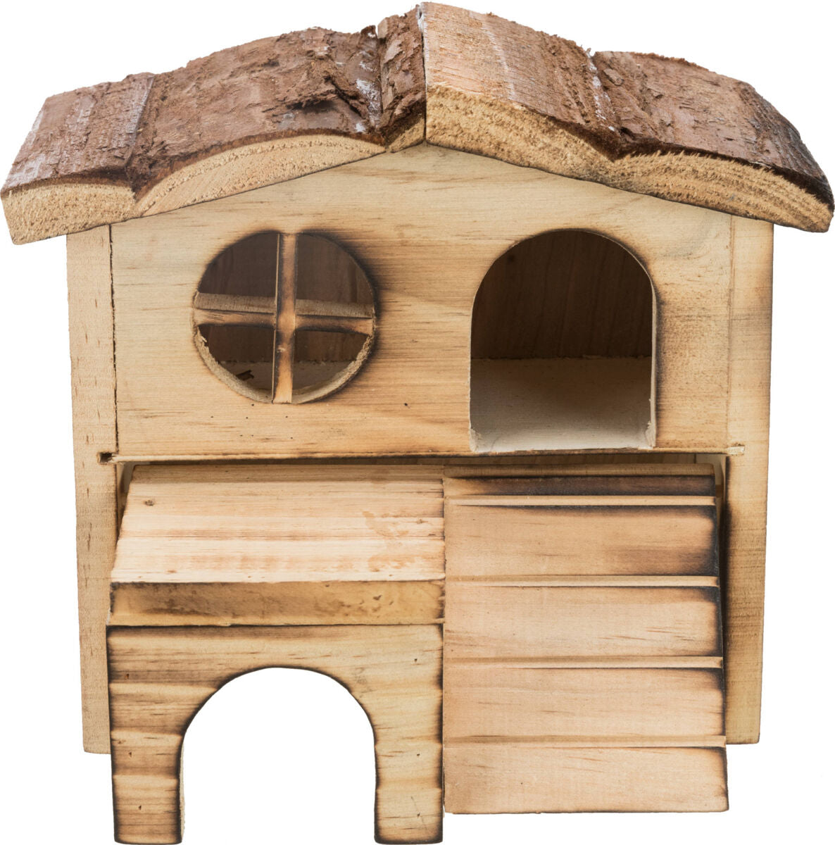 Holzhaus mit rundem Fenster und zwei Eingängen, dachartig gestaltetes Oberteil aus naturfarbenem Holz.