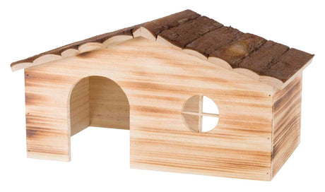 Holzhäuschen mit schrägem Dach, halbrunder Eingang links, rundes Fenster mit Gitter rechts, Holzbraun.
