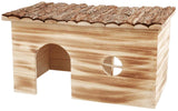 Holzhütte mit rundem Fenster und gebogenem Eingang, Dach aus Rinde, Holzmuster in hellen Brauntönen.