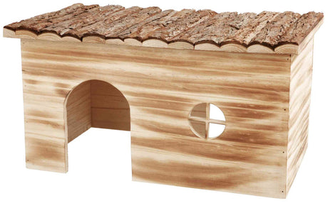 Holzhütte mit rundem Fenster und gebogenem Eingang, Dach aus Rinde, Holzmuster in hellen Brauntönen.