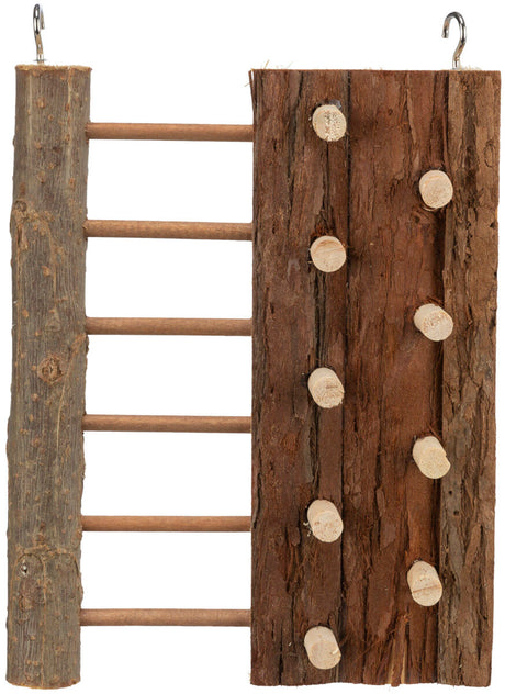 Holzstruktur mit Leiter aus runden Sprossen und mehreren runden Aufsätzen auf einer rauen, braunen Oberfläche.