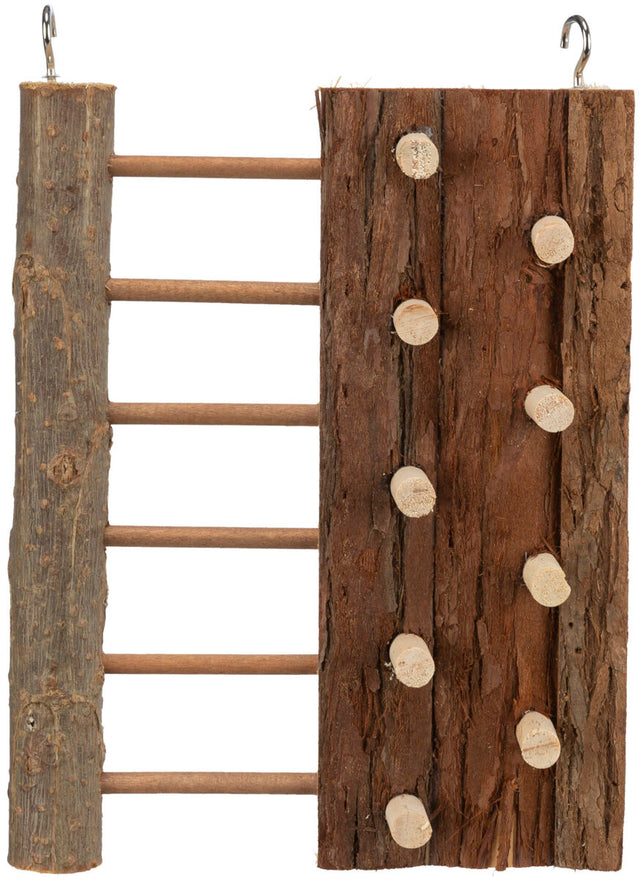Holzstruktur mit Leiter aus runden Sprossen und mehreren runden Aufsätzen auf einer rauen, braunen Oberfläche.