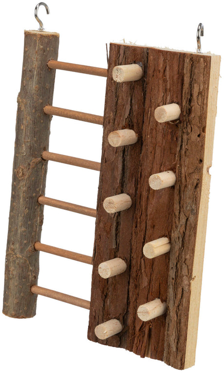 Holzplattform mit seitlichen Sprossen und Haken, geeignet zum Aufhängen, naturbelassene braune Oberfläche.