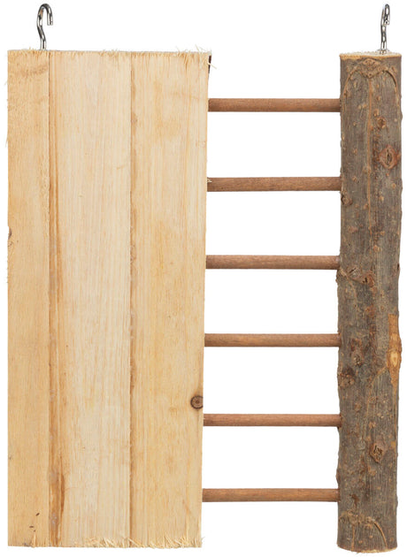 Holzleiter mit geschnitzten Seiten, braunen Sprossen und Metallhaken oben, natürliche Holzfarbe.