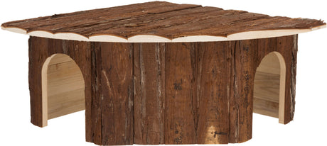 Holzhäuschen mit brauner Rindenverkleidung, zwei halbrunde Eingänge, flaches Dach mit rustikaler Optik.