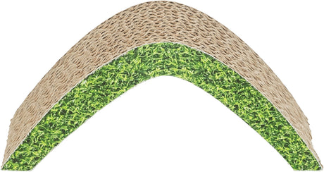 Gekrümmte Struktur mit welliger Oberseite in Beige und grüner Fläche darunter, simuliert Grasschnitt.