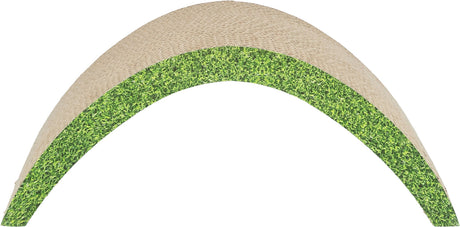 Gebogener Streifen mit texturierter beige Oberfläche und grünem grasähnlichem Muster auf der Unterseite.
