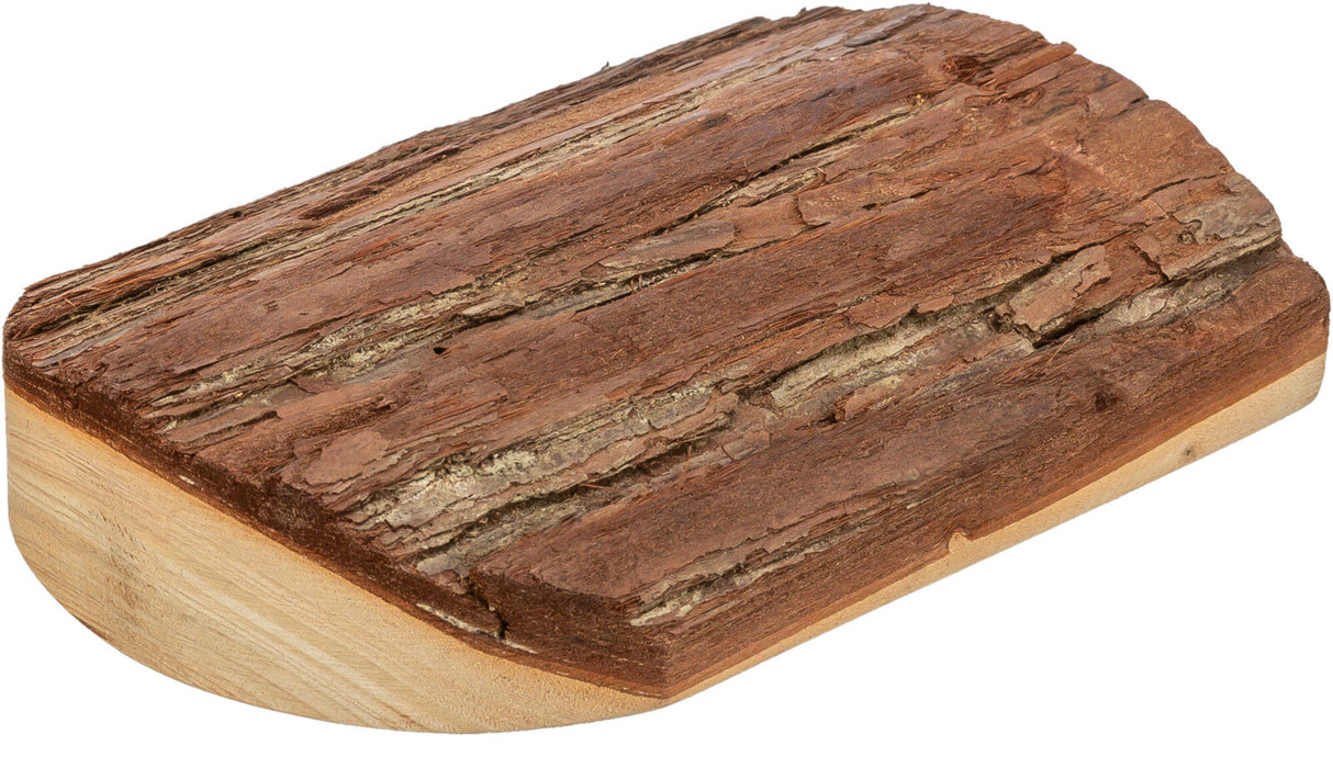 Flache Holzscheibe mit rauer brauner Rinde auf der Oberseite und glattem, hellem Holz an den Kanten.