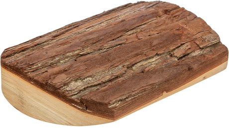 Flache Holzscheibe mit rauer brauner Rinde auf der Oberseite und glattem, hellem Holz an den Kanten.
